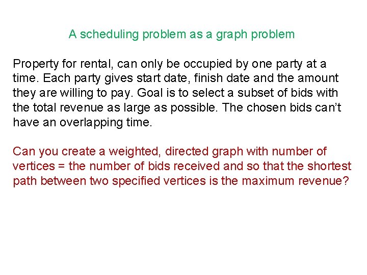 A scheduling problem as a graph problem Property for rental, can only be occupied