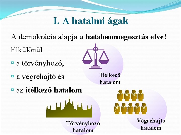 I. A hatalmi ágak A demokrácia alapja a hatalommegosztás elve! Elkülönül ú a törvényhozó,