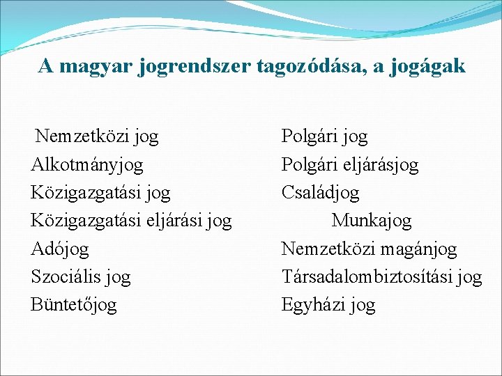 A magyar jogrendszer tagozódása, a jogágak Nemzetközi jog Alkotmányjog Közigazgatási eljárási jog Adójog Szociális