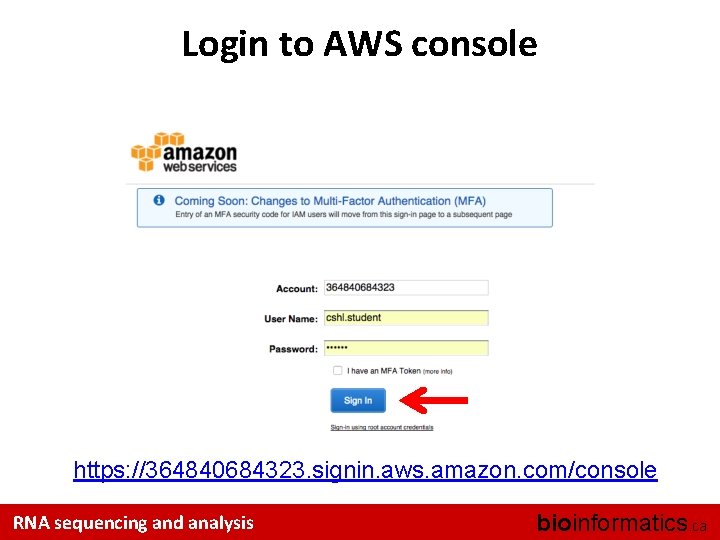 Login to AWS console https: //364840684323. signin. aws. amazon. com/console RNA sequencing and analysis