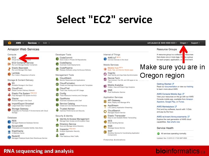 Select "EC 2" service Make sure you are in Oregon region RNA sequencing and