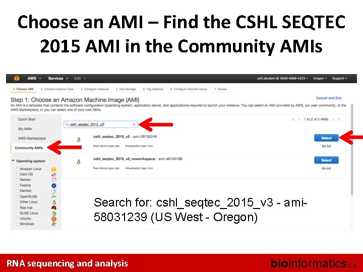 Choose an AMI – Find the CSHL SEQTEC 2015 AMI in the Community AMIs