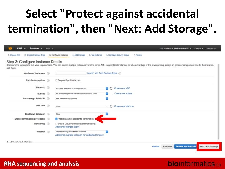 Select "Protect against accidental termination", then "Next: Add Storage". RNA sequencing and analysis bioinformatics.