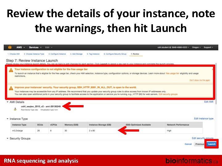 Review the details of your instance, note the warnings, then hit Launch RNA sequencing