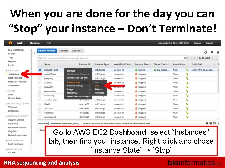 When you are done for the day you can “Stop” your instance – Don’t
