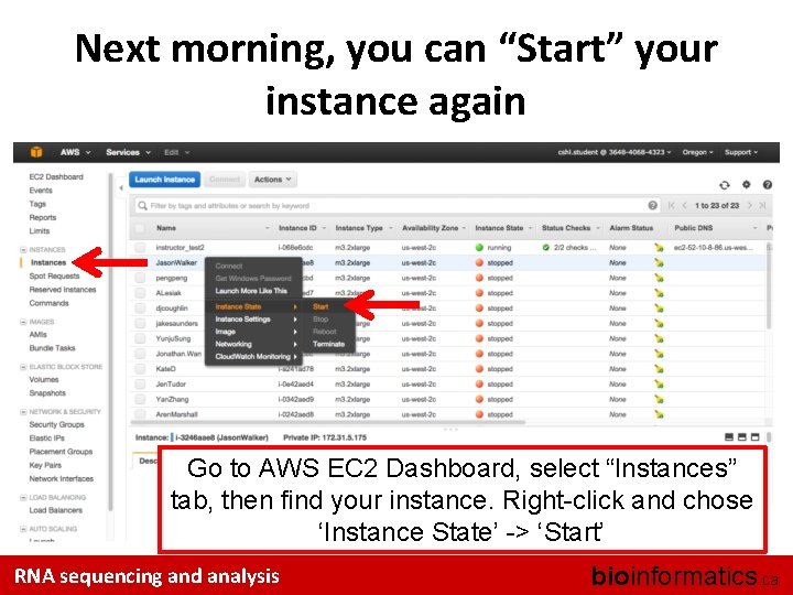 Next morning, you can “Start” your instance again Go to AWS EC 2 Dashboard,