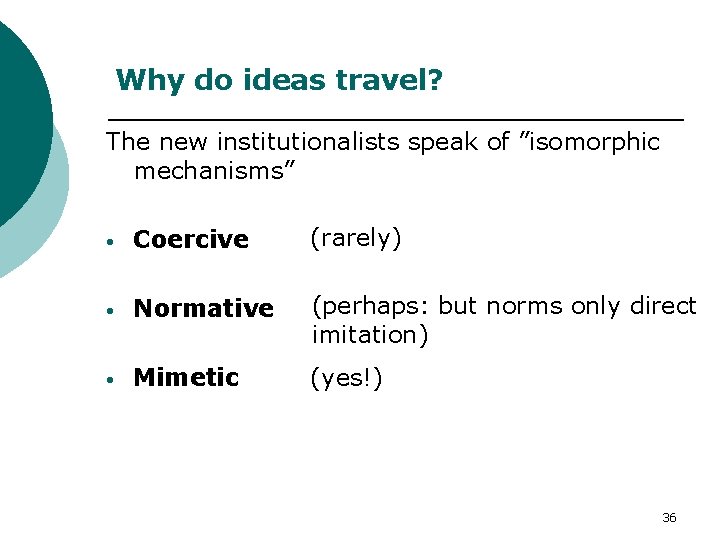 Why do ideas travel? The new institutionalists speak of ”isomorphic mechanisms” • Coercive (rarely)