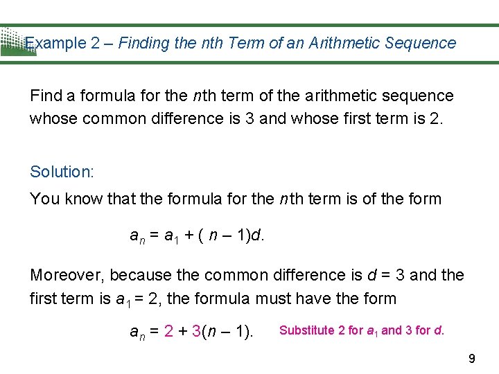 Example 2 – Finding the nth Term of an Arithmetic Sequence Find a formula