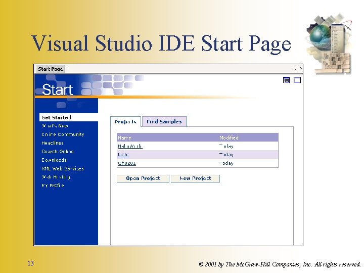 Visual Studio IDE Start Page 13 © 2001 by The Mc. Graw-Hill Companies, Inc. Visual Studio IDE Start Page 13 © 2001 by The Mc. Graw-Hill Companies, Inc.
