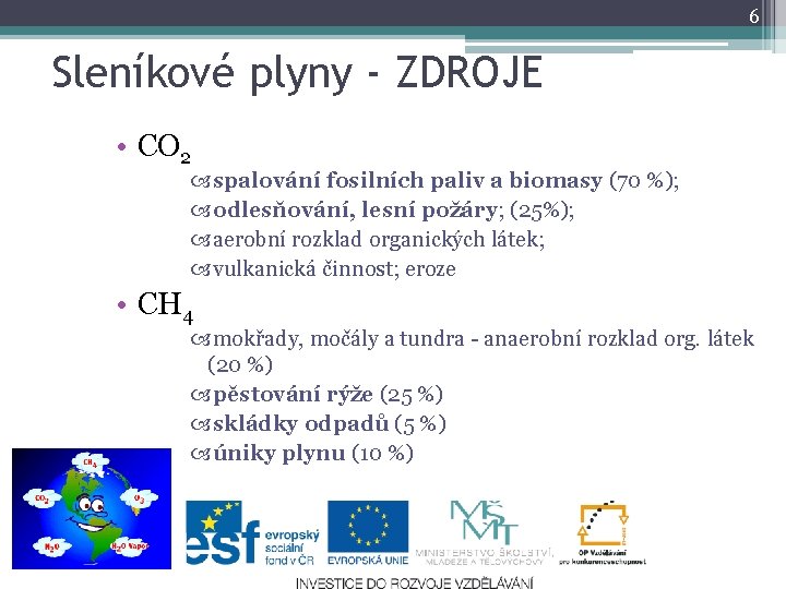 6 Sleníkové plyny - ZDROJE • CO 2 spalování fosilních paliv a biomasy (70