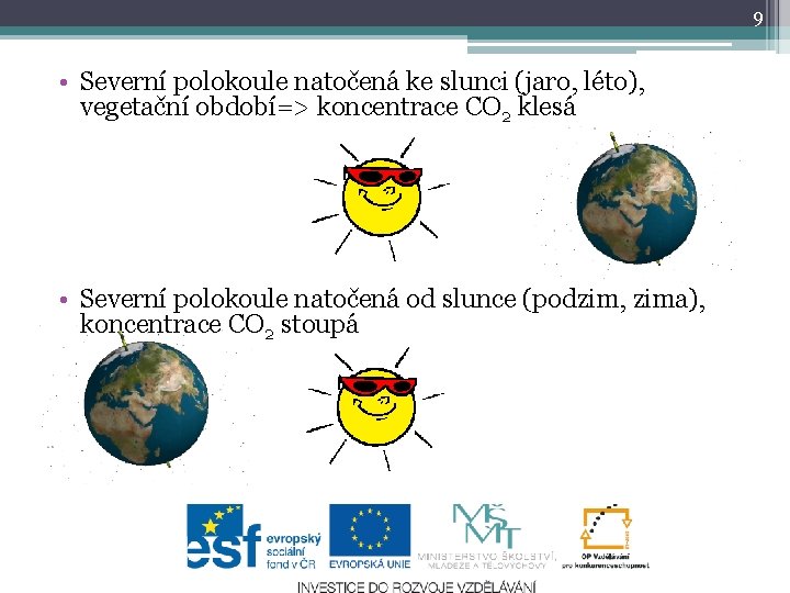 9 • Severní polokoule natočená ke slunci (jaro, léto), vegetační období=> koncentrace CO 2