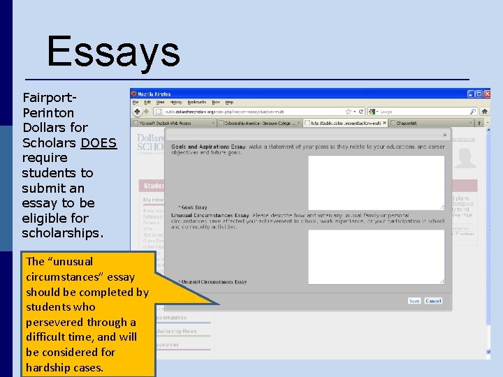 Essays Fairport. Perinton Dollars for Scholars DOES require students to submit an essay to