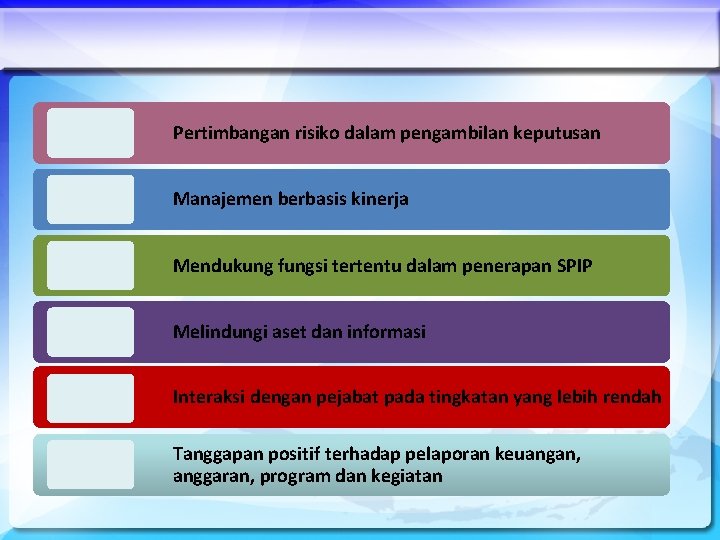 Pertimbangan risiko dalam pengambilan keputusan Manajemen berbasis kinerja Mendukung fungsi tertentu dalam penerapan SPIP