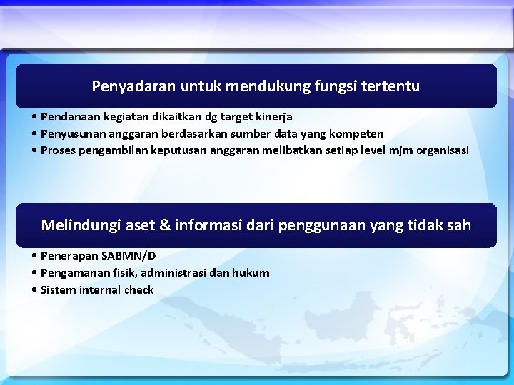 Penyadaran untuk mendukung fungsi tertentu • Pendanaan kegiatan dikaitkan dg target kinerja • Penyusunan