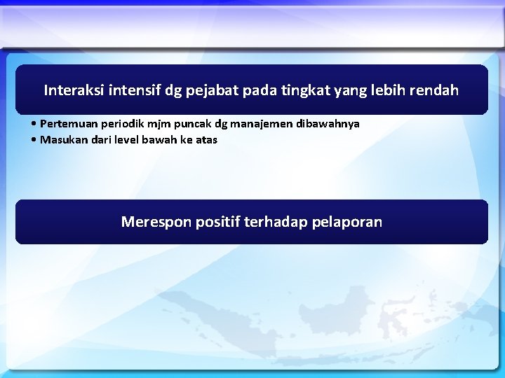 Interaksi intensif dg pejabat pada tingkat yang lebih rendah • Pertemuan periodik mjm puncak