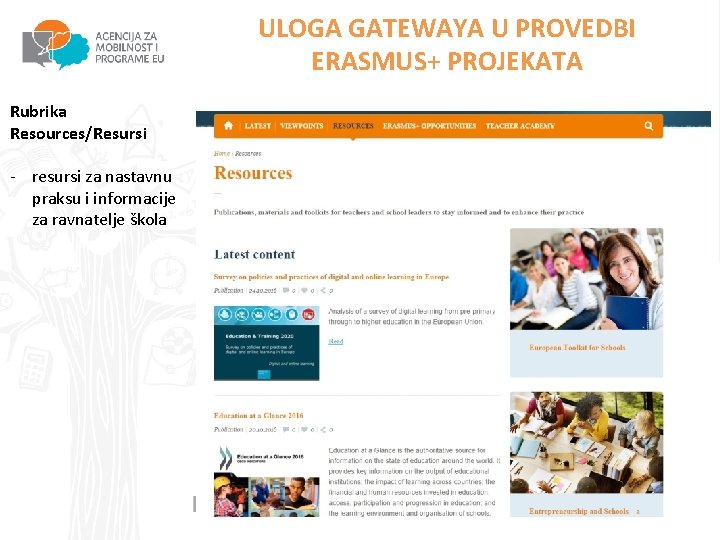 ULOGA GATEWAYA U PROVEDBI ERASMUS+ PROJEKATA Rubrika Resources/Resursi - resursi za nastavnu praksu i