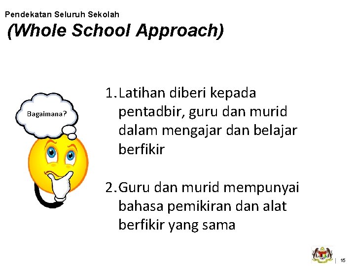 Pendekatan Seluruh Sekolah (Whole School Approach) Bagaimana? 1. Latihan diberi kepada pentadbir, guru dan