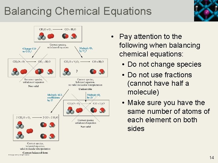 Balancing Chemical Equations • Pay attention to the following when balancing chemical equations: •