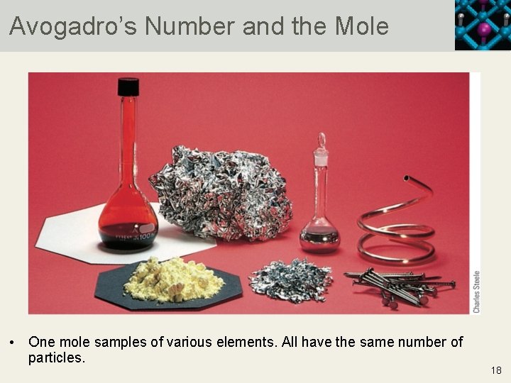 Avogadro’s Number and the Mole • One mole samples of various elements. All have