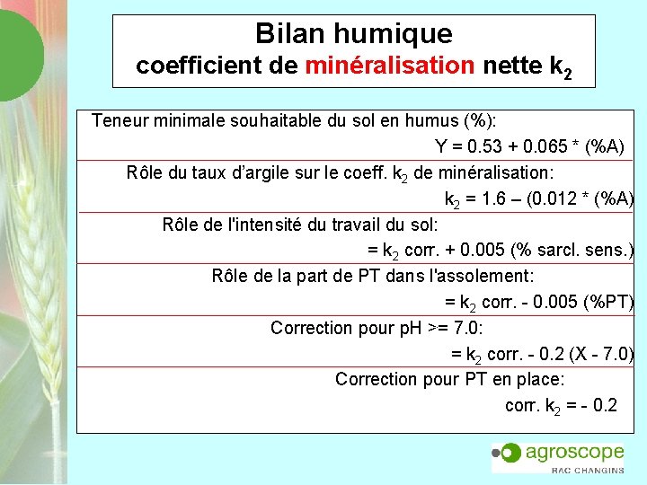 Bilan humique coefficient de minéralisation nette k 2 Teneur minimale souhaitable du sol en