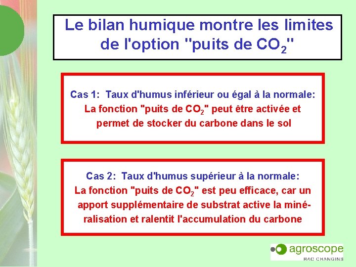  Le bilan humique montre les limites de l'option "puits de CO 2" Cas