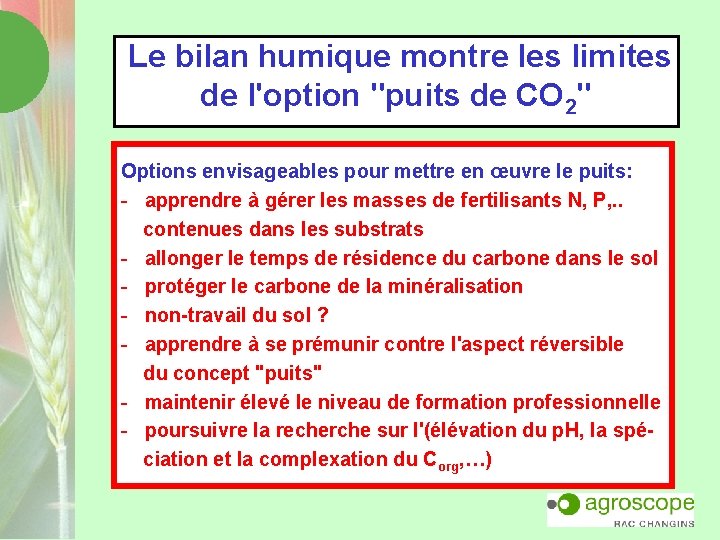  Le bilan humique montre les limites de l'option "puits de CO 2" Options