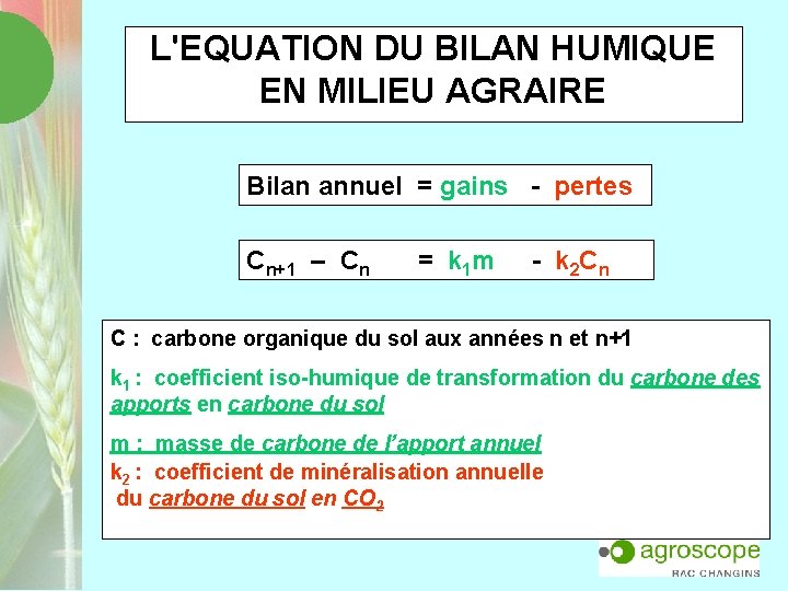 L'EQUATION DU BILAN HUMIQUE EN MILIEU AGRAIRE Bilan annuel = gains - pertes Cn+1