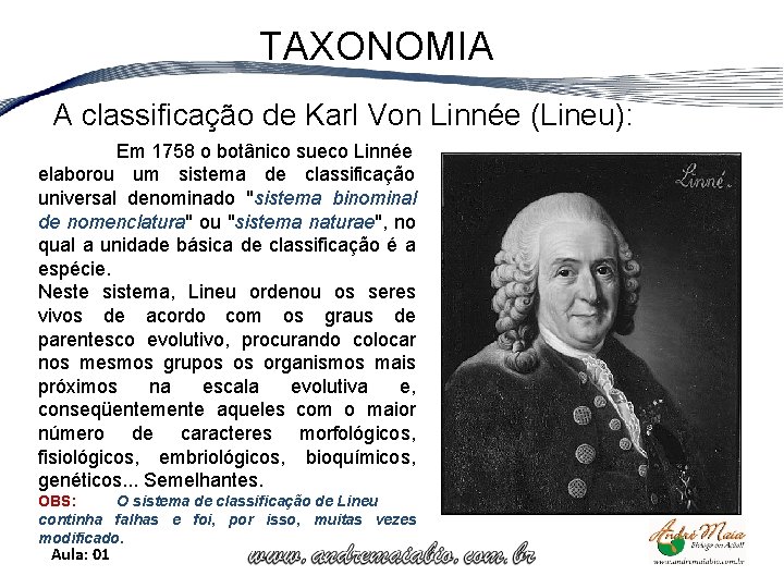 TAXONOMIA A classificação de Karl Von Linnée (Lineu): Em 1758 o botânico sueco Linnée