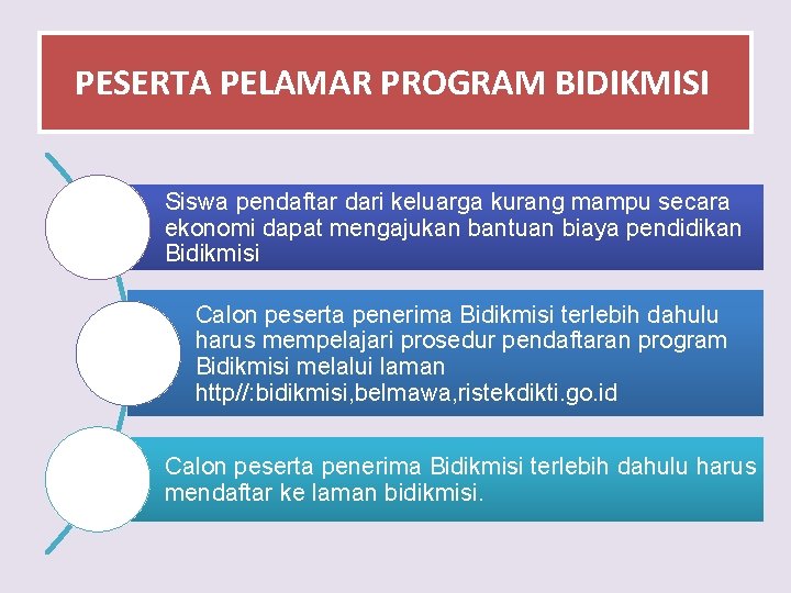 PESERTA PELAMAR PROGRAM BIDIKMISI Siswa pendaftar dari keluarga kurang mampu secara ekonomi dapat mengajukan