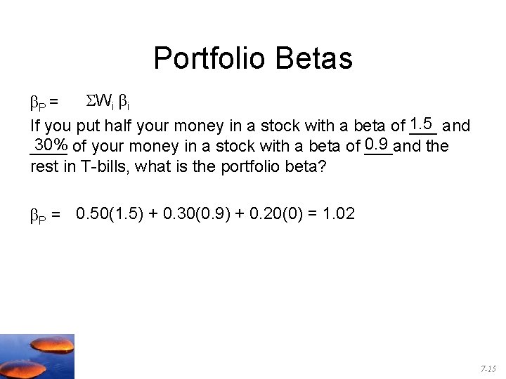 Portfolio Betas βP = Wi βi If you put half your money in a