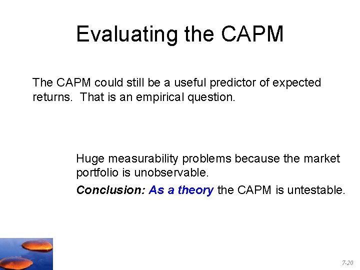 Evaluating the CAPM The CAPM could still be a useful predictor of expected returns.