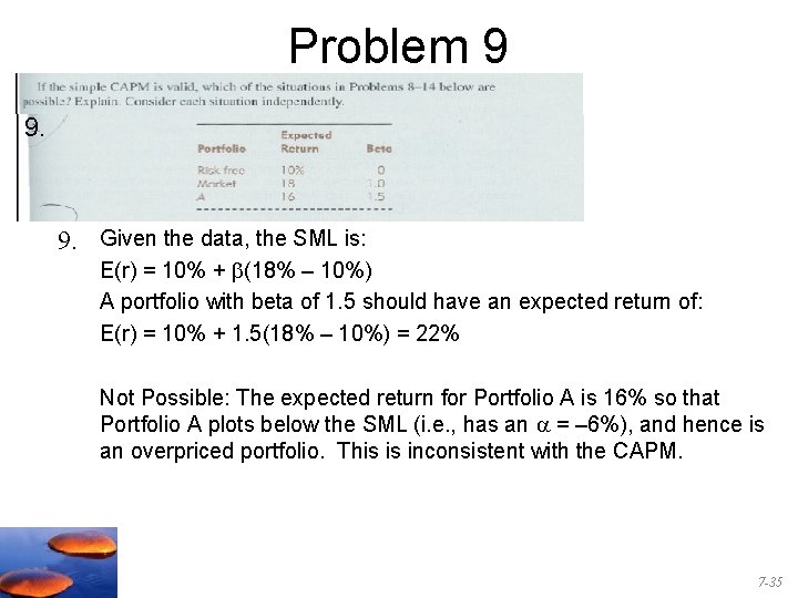 Problem 9 9. Given the data, the SML is: E(r) = 10% + b(18%