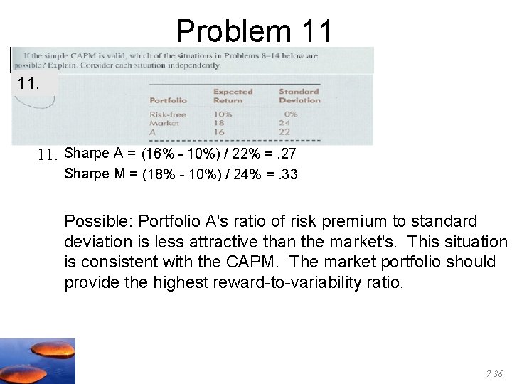 Problem 11 11. Sharpe A = (16% - 10%) / 22% =. 27 Sharpe