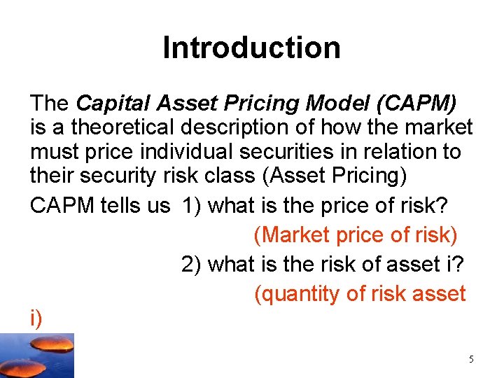 Introduction The Capital Asset Pricing Model (CAPM) is a theoretical description of how the