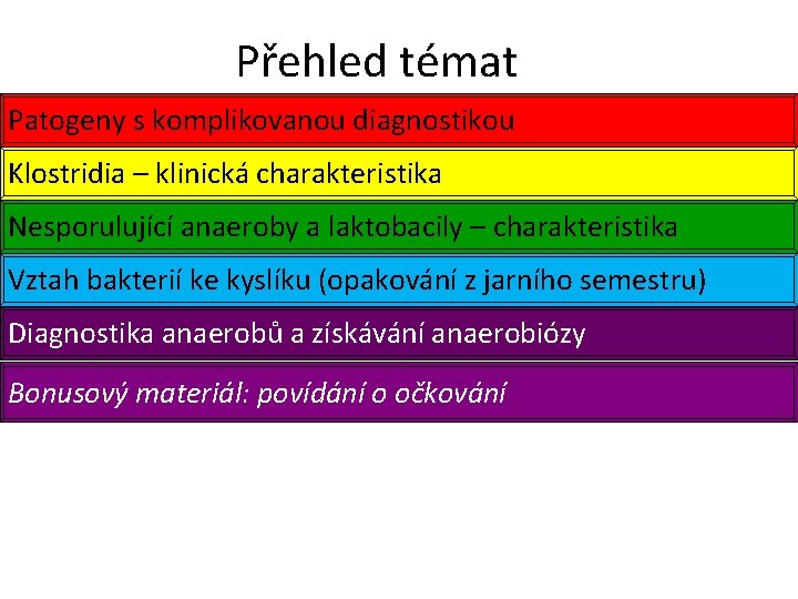 Přehled témat Patogeny s komplikovanou diagnostikou Klostridia – klinická charakteristika Nesporulující anaeroby a laktobacily