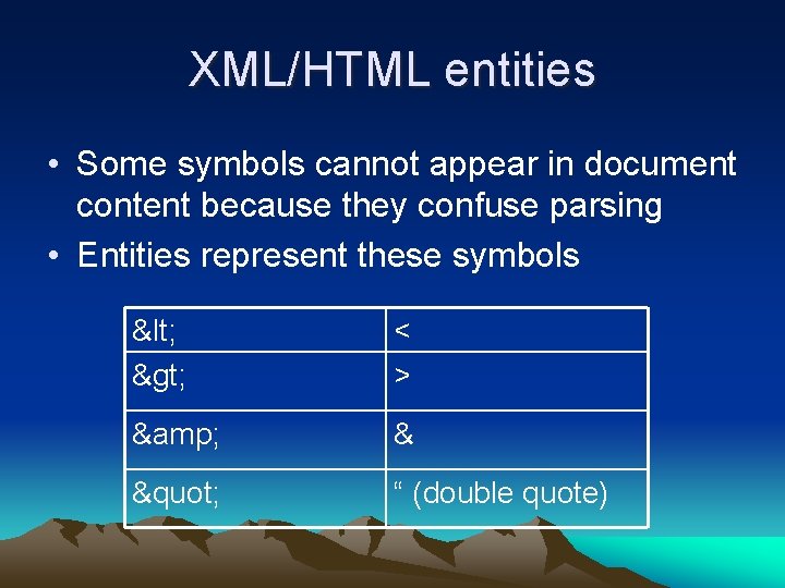 XML/HTML entities • Some symbols cannot appear in document content because they confuse parsing