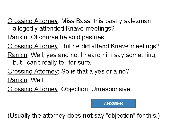 Crossing Attorney: Miss Bass, this pastry salesman allegedly attended Knave meetings? Rankin: Of course