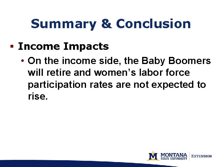 Summary & Conclusion § Income Impacts • On the income side, the Baby Boomers