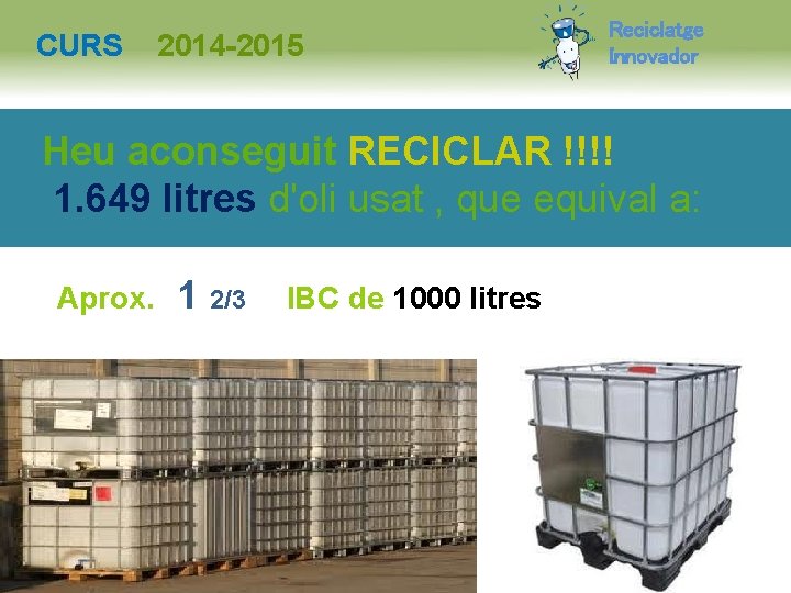 CURS 2014 -2015 Reciclatge Innovador Heu aconseguit RECICLAR !!!! 1. 649 litres d'oli usat