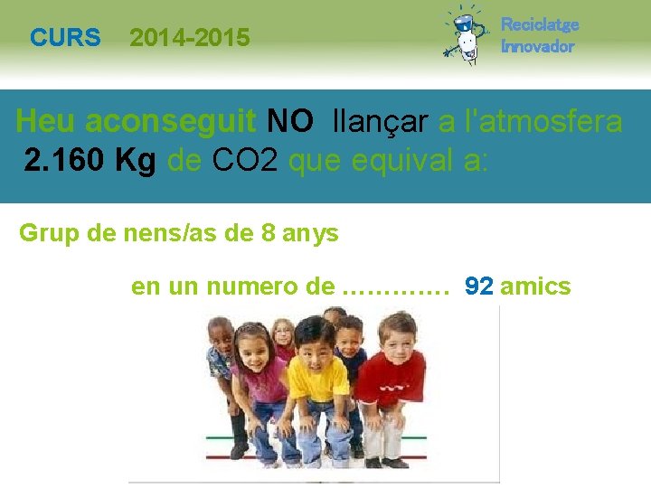 CURS 2014 -2015 Reciclatge Innovador Heu aconseguit NO llançar a l'atmosfera 2. 160 Kg