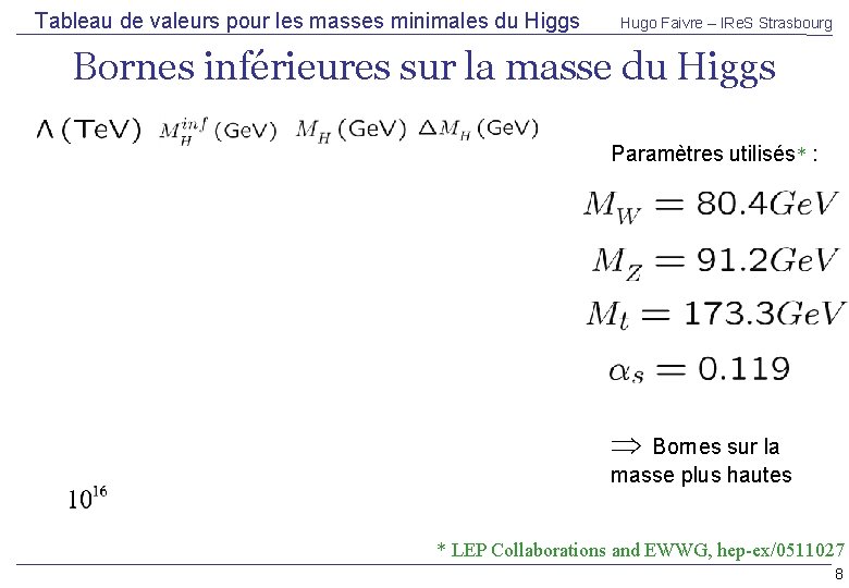 Tableau de valeurs pour les masses minimales du Higgs Hugo Faivre – IRe. S