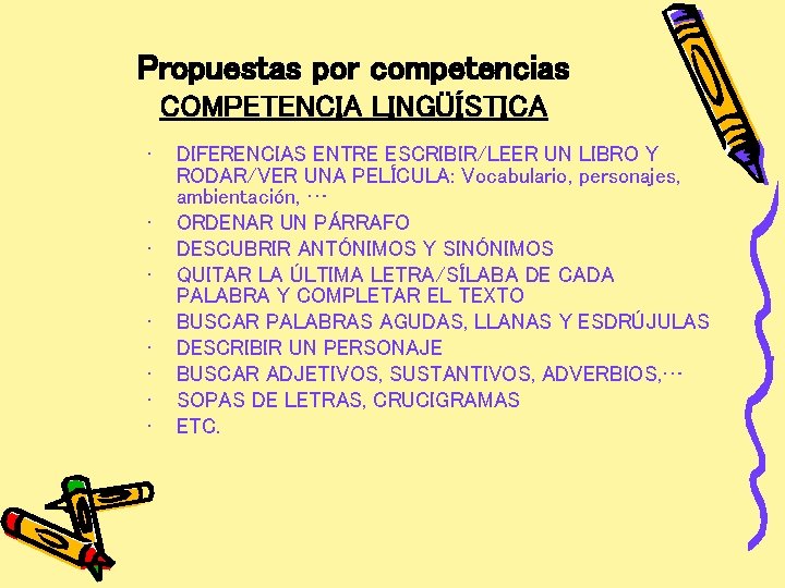 Propuestas por competencias COMPETENCIA LINGÜÍSTICA • • • DIFERENCIAS ENTRE ESCRIBIR/LEER UN LIBRO Y