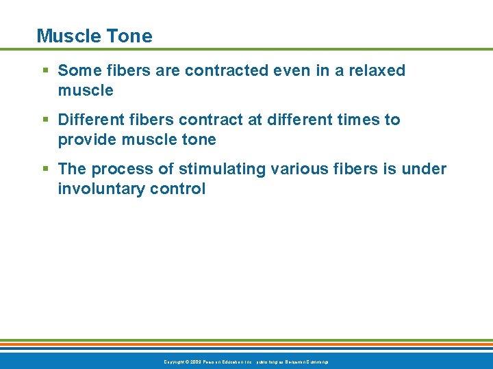 Muscle Tone § Some fibers are contracted even in a relaxed muscle § Different