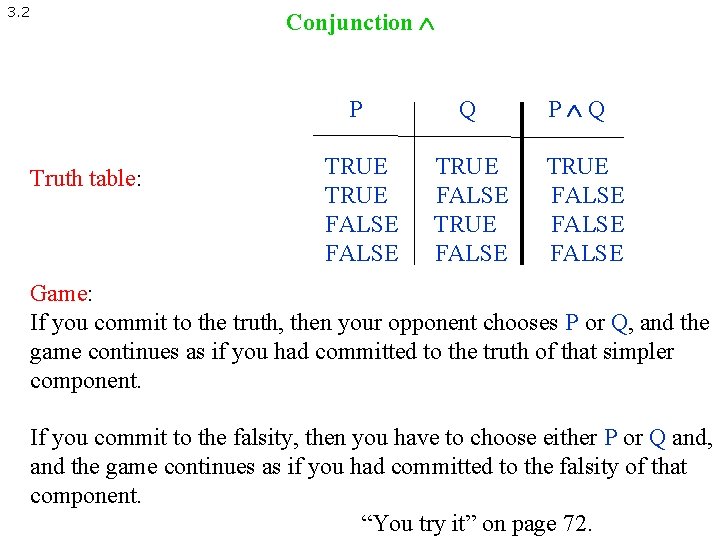 3. 2 Truth table: Conjunction P Q TRUE FALSE P Q TRUE FALSE Game: