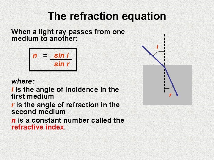 The refraction equation When a light ray passes from one medium to another: i The refraction equation When a light ray passes from one medium to another: i