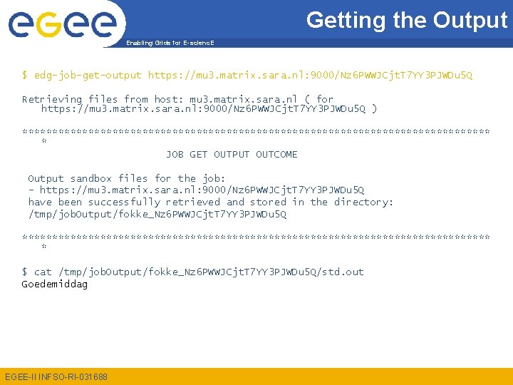 Getting the Output Enabling Grids for E-scienc. E $ edg-job-get-output https: //mu 3. matrix.