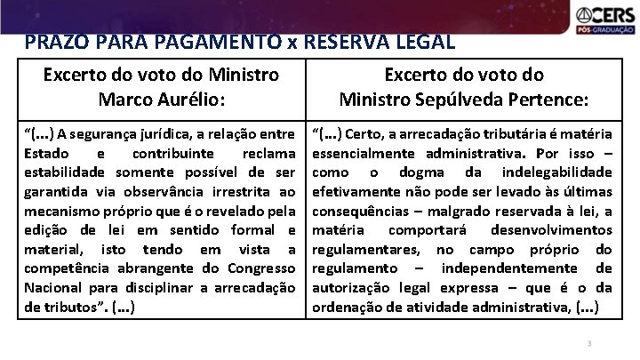 PRAZO PARA PAGAMENTO x RESERVA LEGAL Excerto do voto do Ministro Marco Aurélio: “(.