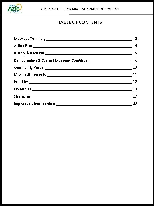 CITY OF AZLE – ECONOMIC DEVELOPMENT ACTION PLAN TABLE OF CONTENTS Executive Summary 1