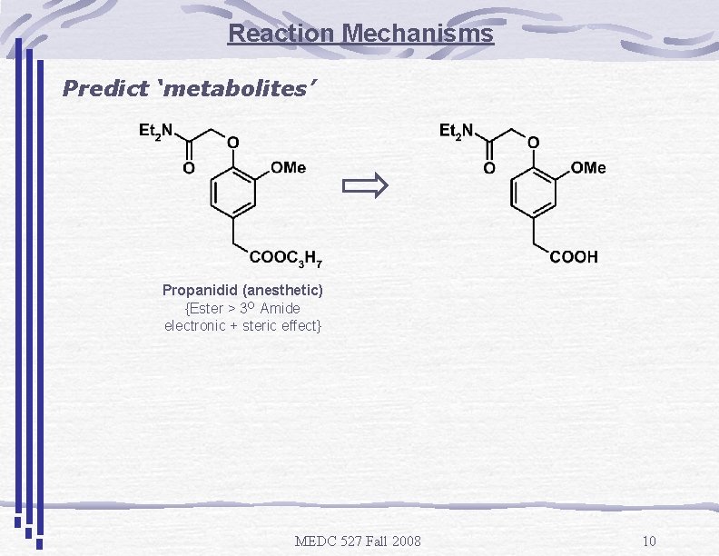 Reaction Mechanisms Predict ‘metabolites’ Propanidid (anesthetic) {Ester > 3 O Amide electronic + steric
