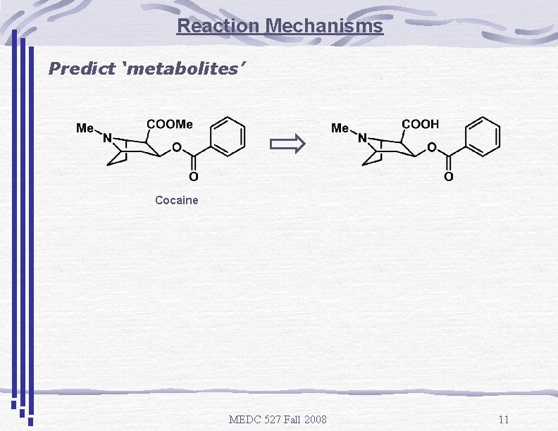 Reaction Mechanisms Predict ‘metabolites’ Cocaine MEDC 527 Fall 2008 11 